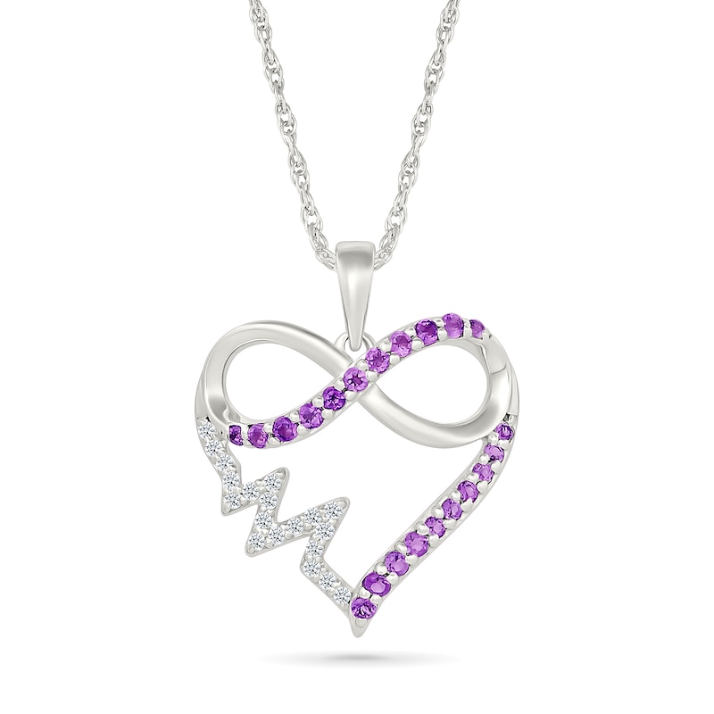 Main Image 1 of Amethyst and White Lab-Created Sapphire Infinity Heartbeat Heart Pendant in Sterling Silver