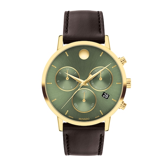 Menâs Movado MuseumÂ® Classic Gold-Tone PVD Brown Leather Strap Chronograph Watch with Green Dial (Model: 0607890)