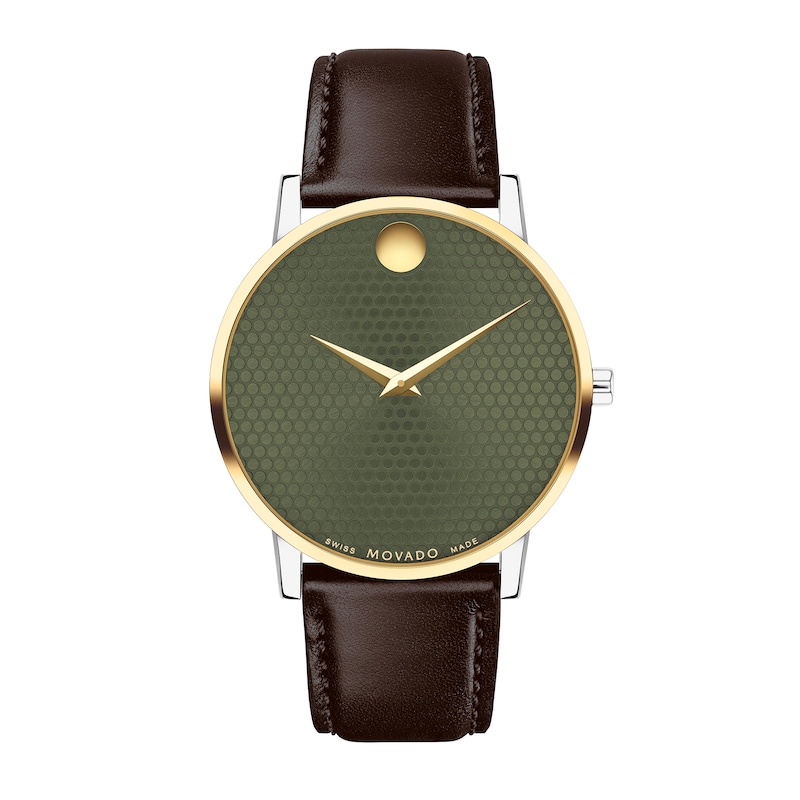 Main Image 1 of Men's Movado Museum® Classic Two-Tone PVD Brown Leather Strap Watch with Green Dial (Model: 0607893)