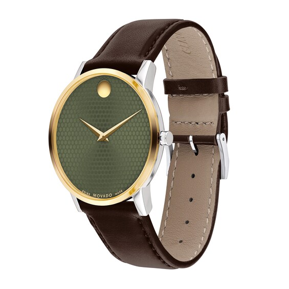 Men's Movado MuseumÂ® Classic Two-Tone PVD Brown Leather Strap Watch with Green Dial (Model: 0607893)