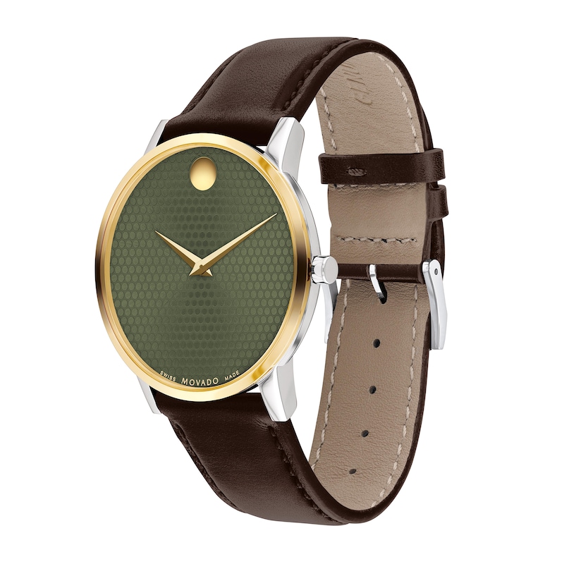 Main Image 2 of Men's Movado Museum® Classic Two-Tone PVD Brown Leather Strap Watch with Green Dial (Model: 0607893)