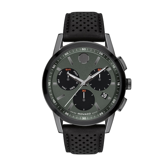 Menâs Movado Museum® Sport Two-Tone PVD Chronograph Black Leather Strap Watch with Green Dial (Model: 0607896)