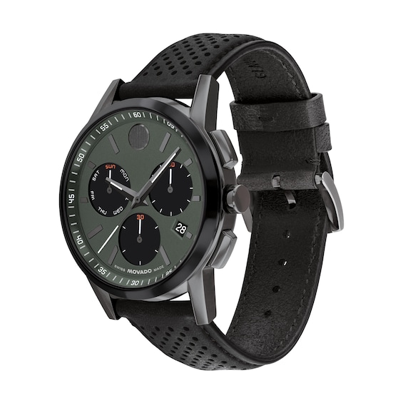 Menâs Movado MuseumÂ® Sport Two-Tone PVD Chronograph Black Leather Strap Watch with Green Dial (Model: 0607896)