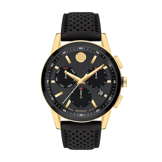 Menâs Movado Museum® Sport Two-Tone PVD Chronograph Black Leather Strap Watch with Black Dial (Model: 0607898)