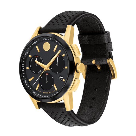 Menâs Movado MuseumÂ® Sport Two-Tone PVD Chronograph Black Leather Strap Watch with Black Dial (Model: 0607898)
