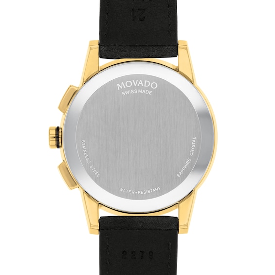 Menâs Movado MuseumÂ® Sport Two-Tone PVD Chronograph Black Leather Strap Watch with Black Dial (Model: 0607898)