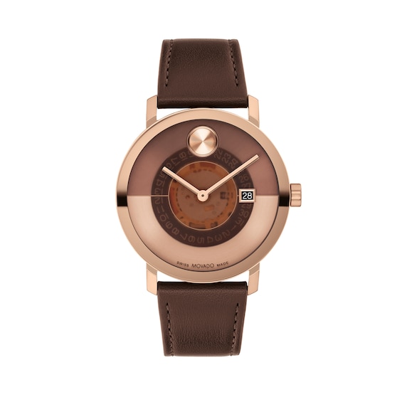 Menâs Movado BoldÂ® Evolution 2.0 Brown IP Leather Strap Watch with Brown Dial (Model: 3601226)