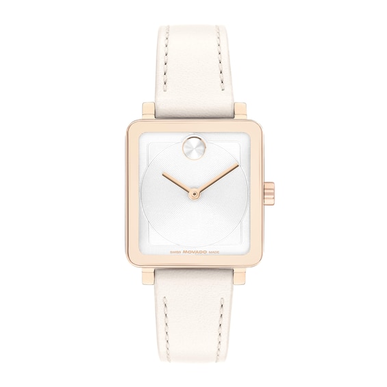 Ladiesâ Movado BoldÂ® Evolution 2.0 Rose-Tone IP White Leather Strap Watch with Square White Dial (Model: 3601211)