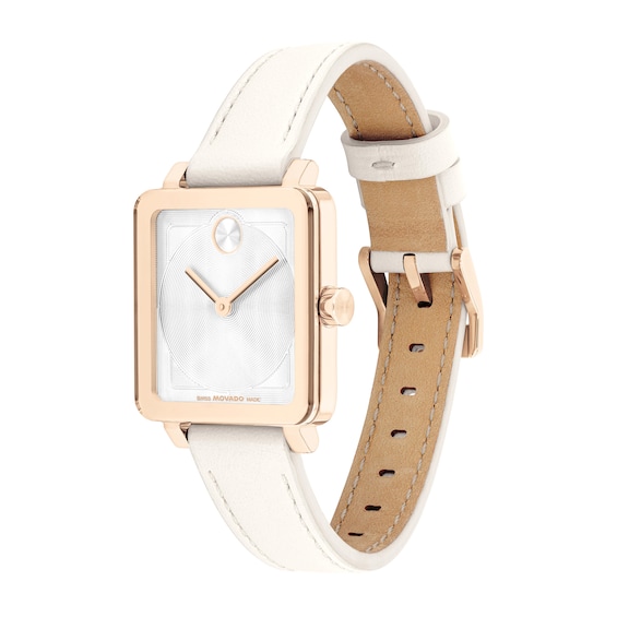 Ladiesâ Movado BoldÂ® Evolution 2.0 Rose-Tone IP White Leather Strap Watch with Square White Dial (Model: 3601211)