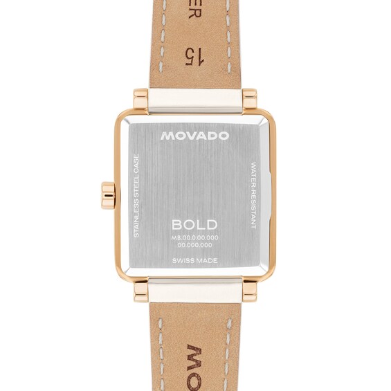Ladiesâ Movado BoldÂ® Evolution 2.0 Rose-Tone IP White Leather Strap Watch with Square White Dial (Model: 3601211)
