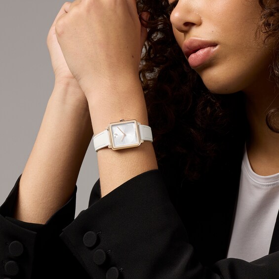 Ladiesâ Movado BoldÂ® Evolution 2.0 Rose-Tone IP White Leather Strap Watch with Square White Dial (Model: 3601211)