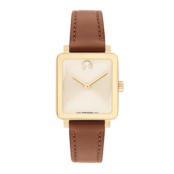 Ladiesâ Movado BoldÂ® Evolution 2.0 Gold-Tone IP Brown Leather Strap Watch with Square Champagne Dial (Model: 3601210)