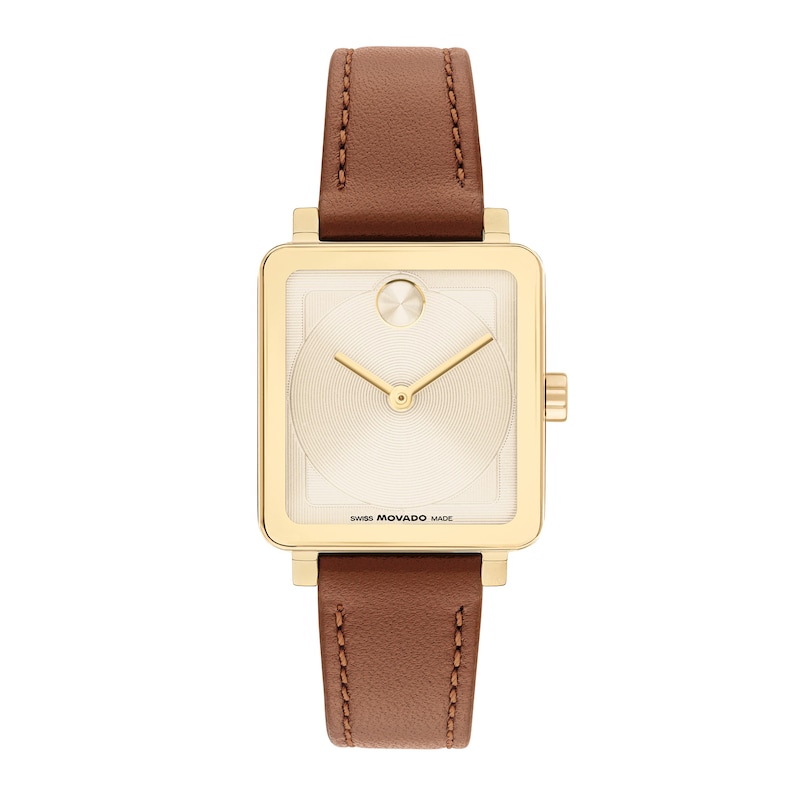 Main Image 1 of Ladies’ Movado Bold® Evolution 2.0 Gold-Tone IP Brown Leather Strap Watch with Square Champagne Dial (Model: 3601210)