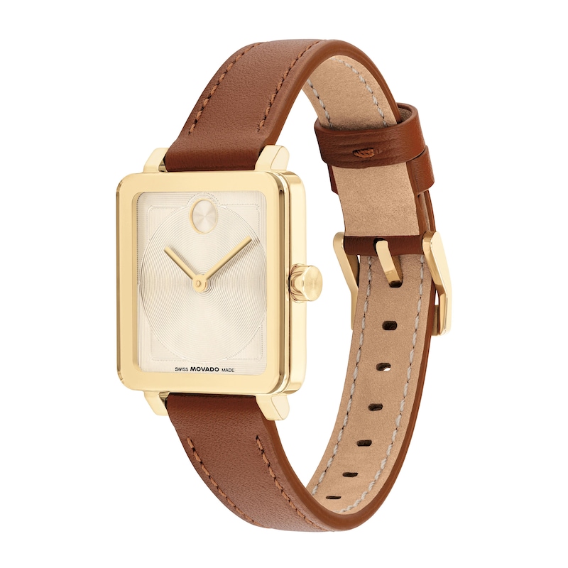 Main Image 2 of Ladies’ Movado Bold® Evolution 2.0 Gold-Tone IP Brown Leather Strap Watch with Square Champagne Dial (Model: 3601210)