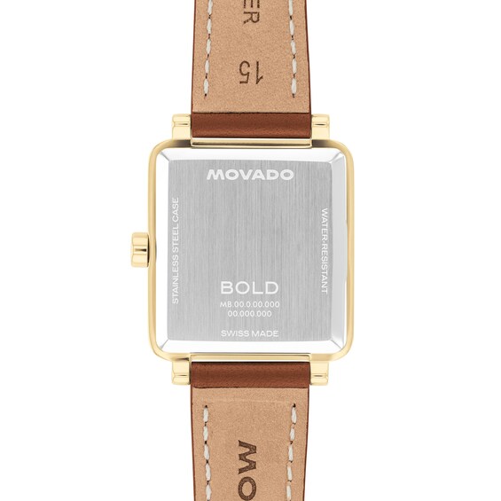 Ladiesâ Movado BoldÂ® Evolution 2.0 Gold-Tone IP Brown Leather Strap Watch with Square Champagne Dial (Model: 3601210)