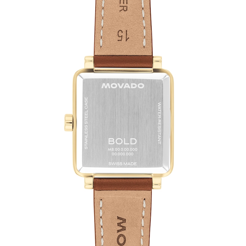 Main Image 3 of Ladies’ Movado Bold® Evolution 2.0 Gold-Tone IP Brown Leather Strap Watch with Square Champagne Dial (Model: 3601210)