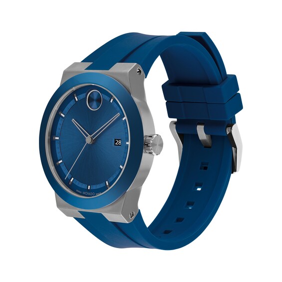Menâs Movado BoldÂ® Fusion Blue and Grey IP Silicone Strap Watch with Blue Dial (Model: 3601192)