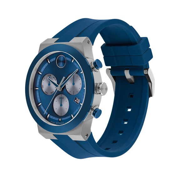 Men's Movado BoldÂ® Fusion Grey and Blue IP Chronograph Silicone Strap Watch with Blue Dial (Model: 3601197)