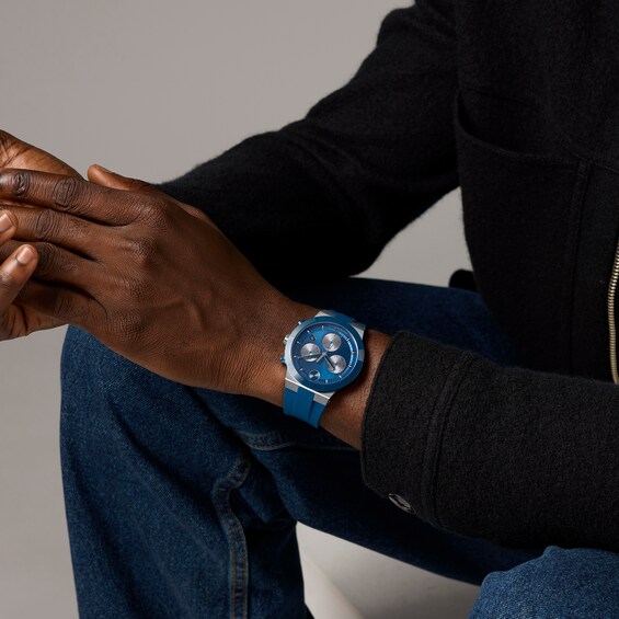 Men's Movado BoldÂ® Fusion Grey and Blue IP Chronograph Silicone Strap Watch with Blue Dial (Model: 3601197)