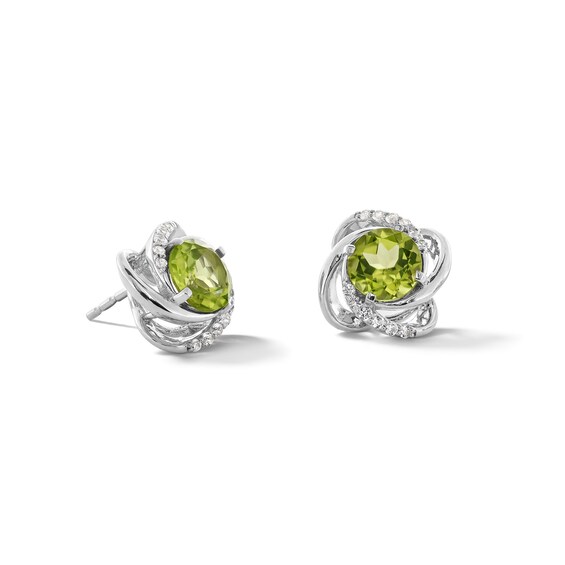 6.0mm Peridot and White Lab-Created Sapphire Swirl Knot Stud Earrings in Sterling Silver