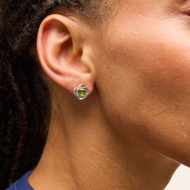 Main Image 2 of 6.0mm Peridot and White Lab-Created Sapphire Swirl Knot Stud Earrings in Sterling Silver