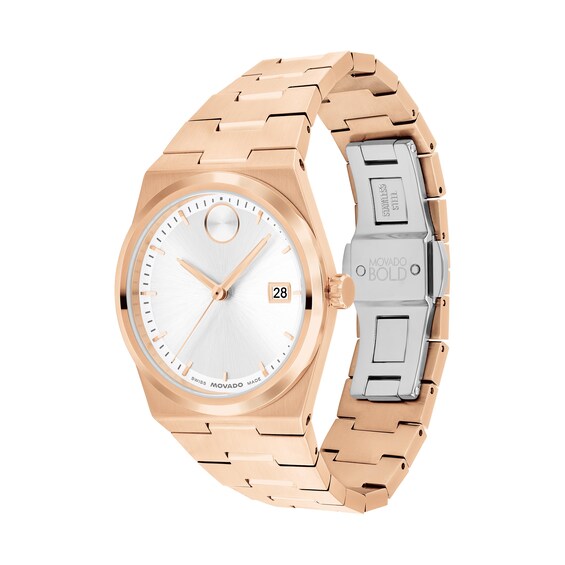 Ladiesâ Movado BoldÂ® Quest Rose-Tone IP Watch with White Dial (Model: 3601188)