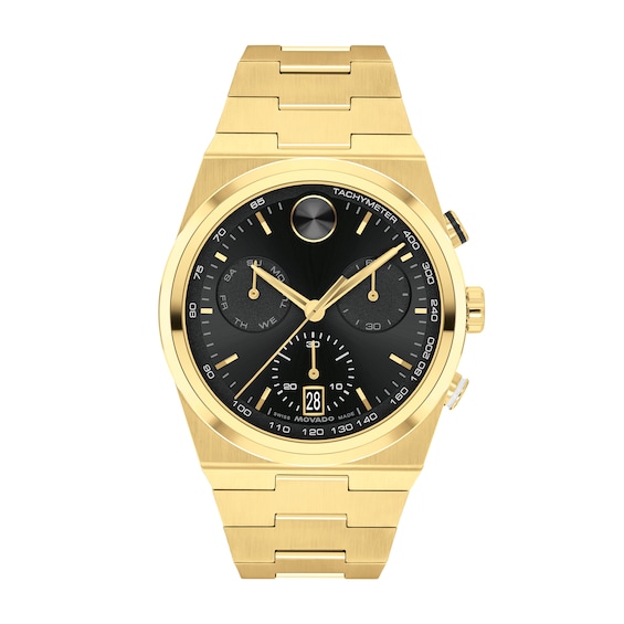 Menâs Movado BoldÂ® Quest Gold-Tone IP Chronograph Watch with Black Dial (Model: 3601198)