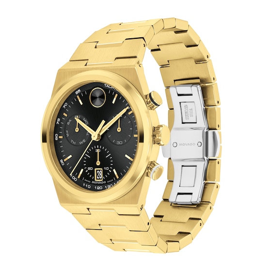 Menâs Movado BoldÂ® Quest Gold-Tone IP Chronograph Watch with Black Dial (Model: 3601198)