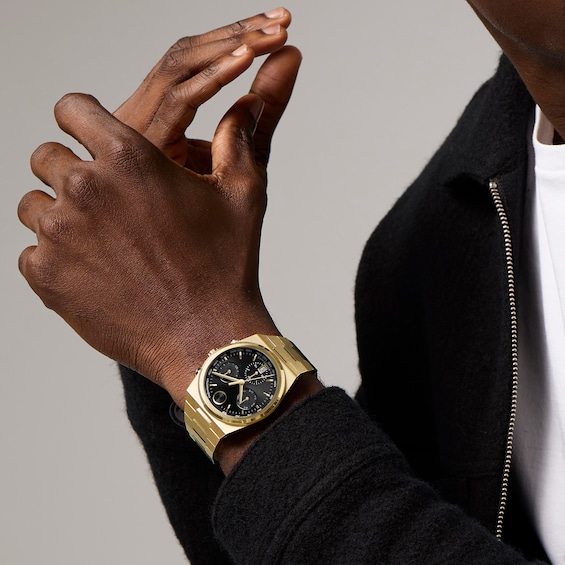 Menâs Movado BoldÂ® Quest Gold-Tone IP Chronograph Watch with Black Dial (Model: 3601198)