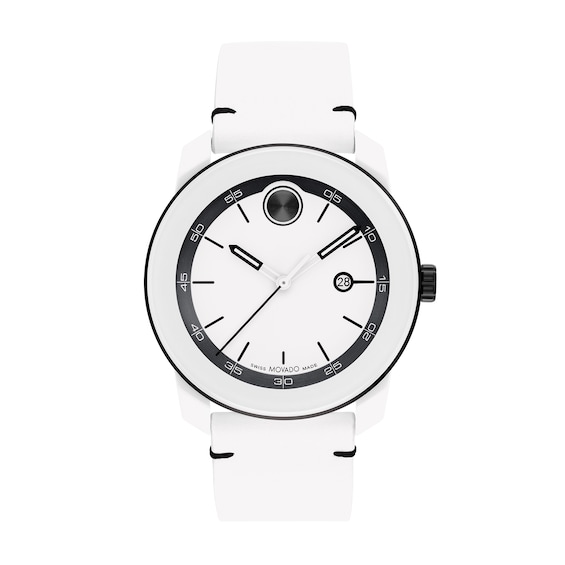Men's Movado BoldÂ® Tr90 White and Black IP Leather Strap Watch with White Dial (Model: 3601131)