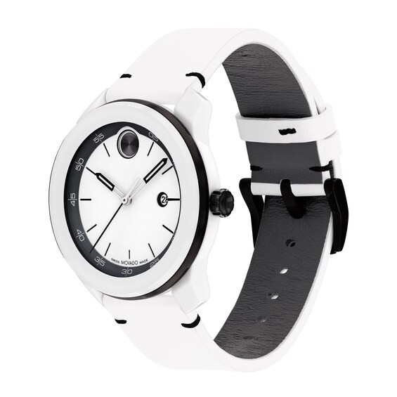 Men's Movado BoldÂ® Tr90 White and Black IP Leather Strap Watch with White Dial (Model: 3601131)
