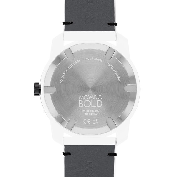 Men's Movado BoldÂ® Tr90 White and Black IP Leather Strap Watch with White Dial (Model: 3601131)