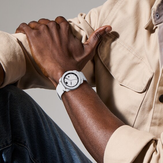 Men's Movado BoldÂ® Tr90 White and Black IP Leather Strap Watch with White Dial (Model: 3601131)