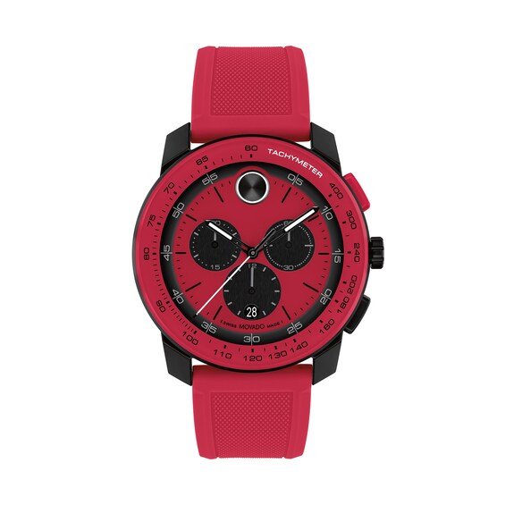 Menâs Movado Bold® Tr90 Black and Red IP Chronograph Silicone Strap Watch with Red Dial (Model: 3601215)