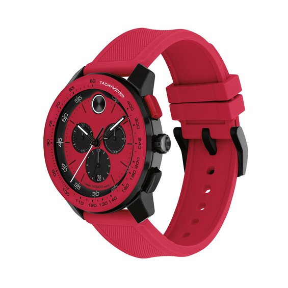 Menâs Movado BoldÂ® Tr90 Black and Red IP Chronograph Silicone Strap Watch with Red Dial (Model: 3601215)