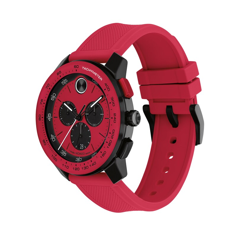 Main Image 2 of Men’s Movado Bold® TR90 Black and Red IP Chronograph Silicone Strap Watch with Red Dial (Model: 3601215)