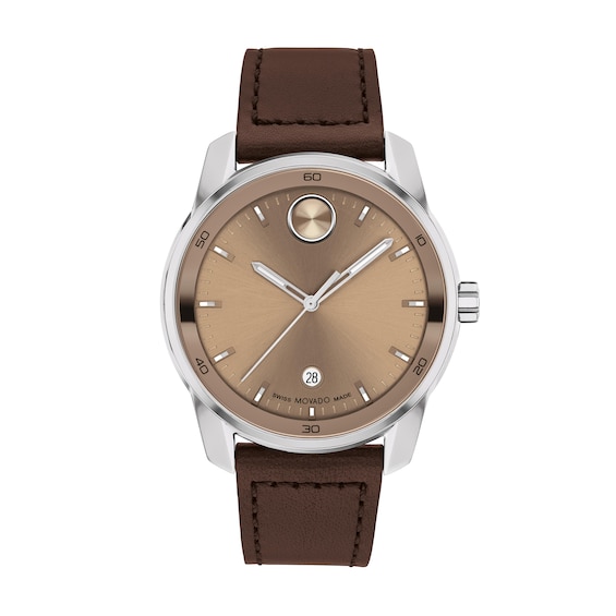 Men's Movado Bold® Verso Brown Leather Strap Watch with Champagne Dial (Model: 3601206)