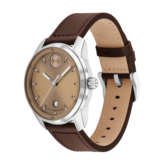 Men's Movado Bold® Verso Brown Leather Strap Watch with Champagne Dial (Model: 3601206)