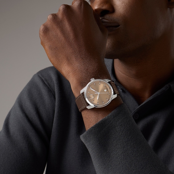 Men's Movado Bold® Verso Brown Leather Strap Watch with Champagne Dial (Model: 3601206)