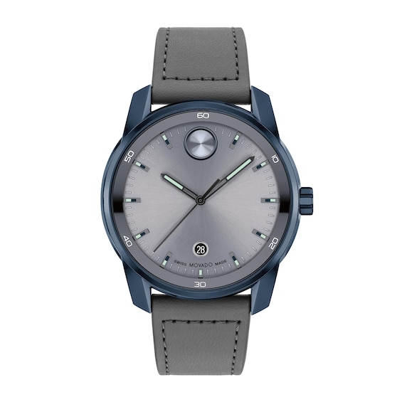 Men's Movado BoldÂ® Verso Blue IP Grey Leather Strap Watch with Dark Grey Dial (Model: 3601205)