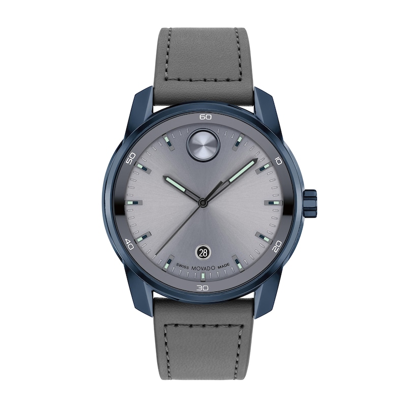 Main Image 1 of Men's Movado Bold® Verso Blue IP Grey Leather Strap Watch with Dark Grey Dial (Model: 3601205)
