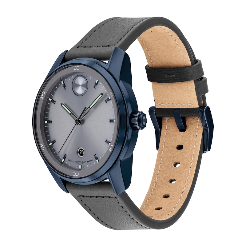 Main Image 2 of Men's Movado Bold® Verso Blue IP Grey Leather Strap Watch with Dark Grey Dial (Model: 3601205)
