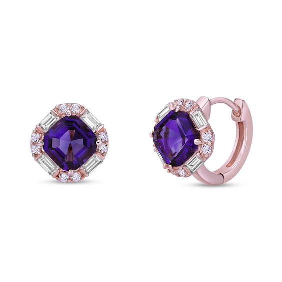 Asscher-Cut Amethyst and White Lab-Created Sapphire Frame Hoop Earrings in Sterling Silver with 18K Rose Gold Plate