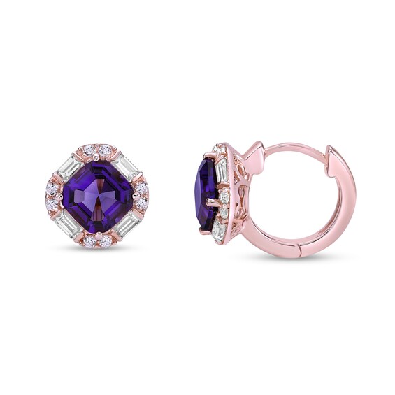 Asscher-Cut Amethyst and White Lab-Created Sapphire Frame Hoop Earrings in Sterling Silver with 18K Rose Gold Plate
