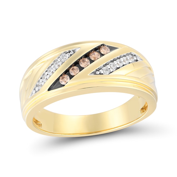 1/4 CT. T.w. Champagne and White Diamond Triple Row Slant Ring in 10K Gold