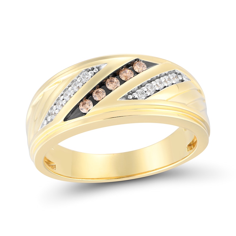 Main Image 1 of 1/4 CT. T.W. Champagne and White Diamond Triple Row Slant Ring in 10K Gold