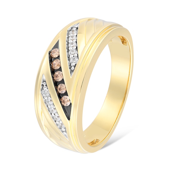 1/4 CT. T.w. Champagne and White Diamond Triple Row Slant Ring in 10K Gold