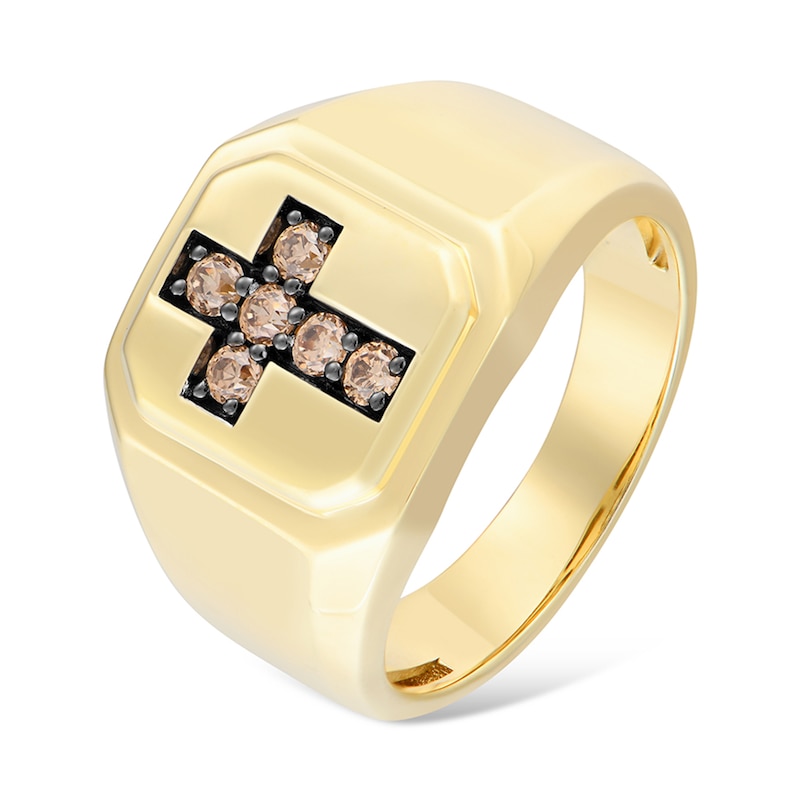 Main Image 1 of 1/3 CT. T.W. Champagne Diamond Cross Octagon Signet Ring in 10K Gold