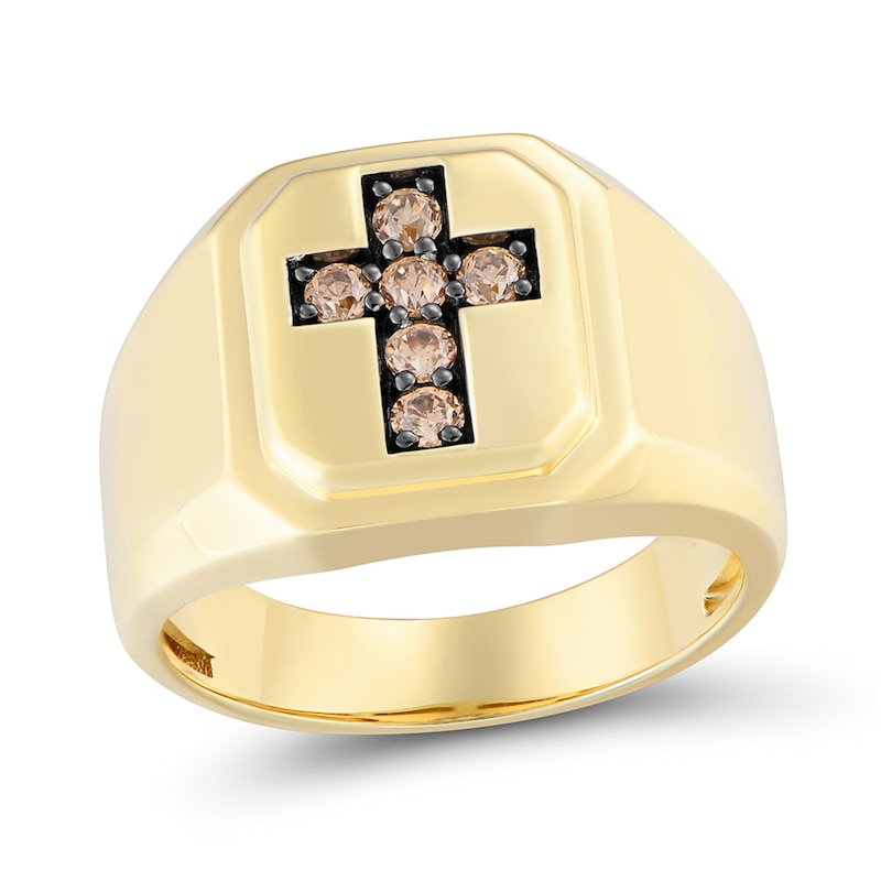 Main Image 2 of 1/3 CT. T.W. Champagne Diamond Cross Octagon Signet Ring in 10K Gold