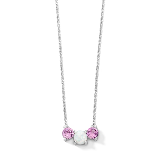 6.0mm Lab-Created Opal and Pink Lab-Created Sapphire Three Stone Necklace in Sterling Silver